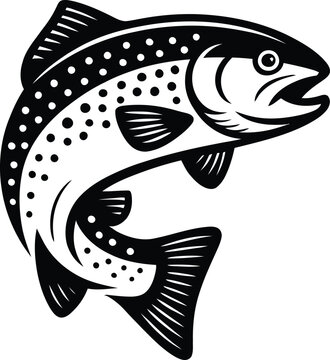 Dynamic jumping rainbow trout fish silhouette in a woodcut style for fishing and outdoor recreation