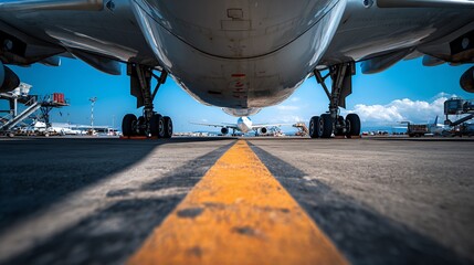 Low-angle view of two large airplanes on tarmac