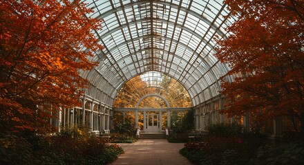 Autumnal Conservatory with Glass Ceiling and Vibrant Foliage"