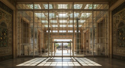 "Sunlit Interior of a Historic Building with Glass Ceiling and Mosaic Walls"
