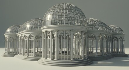 "Intricate Conservatory Design Featuring Multiple Glass Domes and Columns"