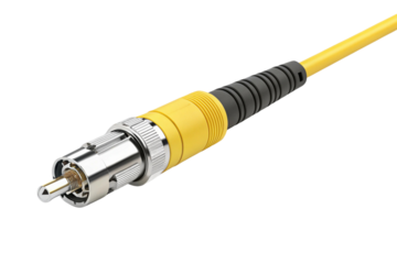 Close up of a yellow fiber optic cable connector isolated on transparent background