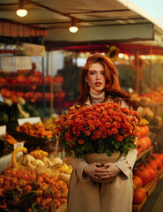 Beautiful red-haired young woman with orange bouquet of autumn flowers in her hands walks through the city vegetable market. Autumn and Halloween season.
