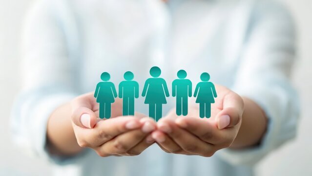 Teal human icons resting securely in cupped hands &mdash; safeguarding workforce value
