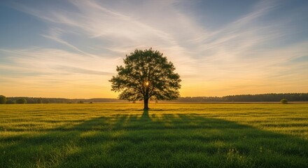 Solitary Tree in a Field at Sunset, Golden Hour Landscape