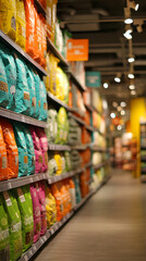 Fototapeta premium Pet Food Bags Lined on Supermarket Aisle Shelves