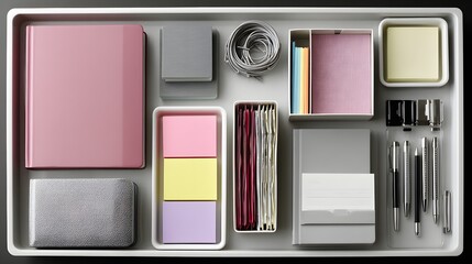 Organized office supplies in a drawer.