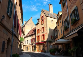 Obraz premium Sun-drenched Besançon street, medieval houses, terraced cafe, Bourgogne-Franche-Comté, summer day, buildings