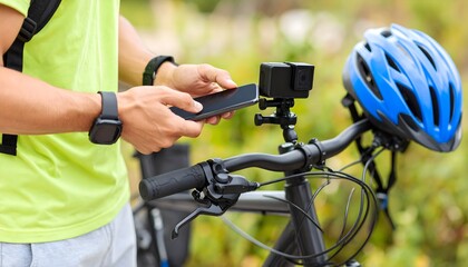 A cyclist in a bright green shirt uses a smartphone to adjust a mounted action camera on their bicycle handlebars, with a blue helmet nearby.