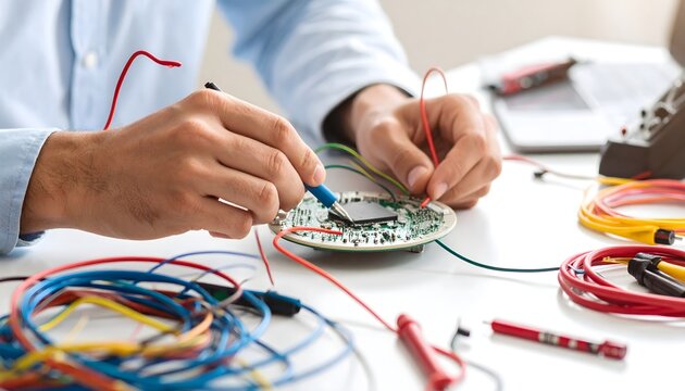 Close-up view of a person's hands working on a complex electronic circuit board with various wires and testing equipment.