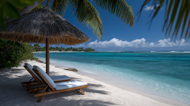 Peaceful seaside vacation spot with straw parasol shading wooden lounge chairs on golden sand, turquoise waves, palm tree edges, and bright blue sky in a tropical paradise setting, tropical beach chai - Powered by Adobe