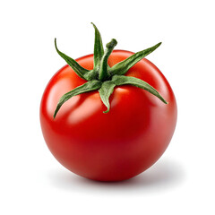 Fresh ripe red tomato with green stem on white background