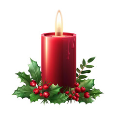 A festive red candle surrounded by holly and berries, radiating warmth and cheer for the holiday season.