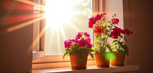 Sunlight streams through a window illuminating vibrant potted flowers on a sill,  bloom,  sunlight
