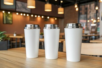 Three white reusable travel mugs with metal lids on a wooden table in a cafe
