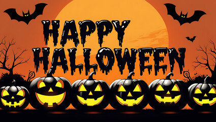 Happy Halloween glowing pumpkins and bats october holiday