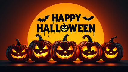 Five glowing jack o lanterns with happy halloween text