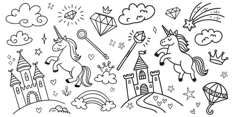 A whimsical set of hand-drawn cartoon doodles and symbols for your design and coloring book projects