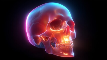 Glowing Skull: A vivid, neon-lit skull emerges from the darkness, its contours highlighted by an interplay of red and blue hues, creating a stunning and artistic portrayal of human anatomy.