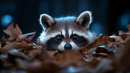 Playful Raccoon Hiding Among Autumn Leaves in Misty Forest Ambient