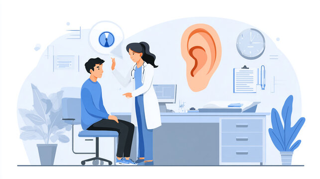 Audiologist Administering a Hearing Test in a Clinical Setting with Professional Equipment and Patient Interaction