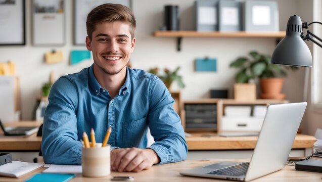 Happy young man in casual attire in bright home office setting. Successful businesman adult concept
