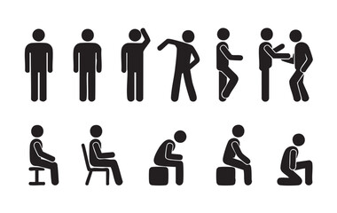 Fototapeta premium Black stick figures in various poses and actions on white background silhouette people