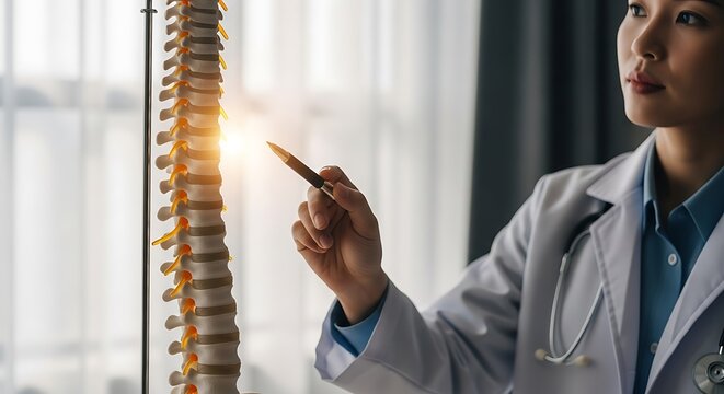 Doctor pointing at spine model medical anatomy - Powered by Adobe