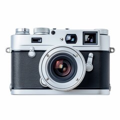 Classic silver camera, black leather body, front view
