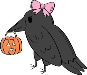 Cute Raven with Pumpkin Hand drawn Doodle