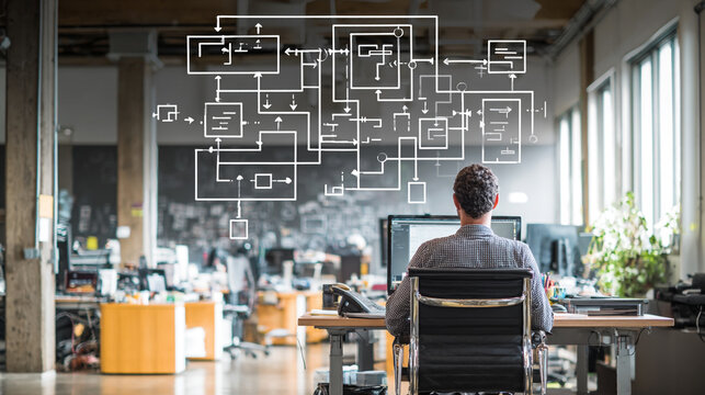 Data Flow Visualization for Engineers in Office Environment with Flowchart Design and Workstation Setup
