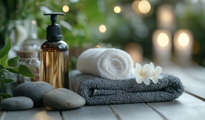 Evening spa setup with towels, smooth stones, and a body oil bottle on a wooden table, blending natural garden ambiance for a serene beauty or self-care concept