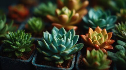 Obraz premium Vibrant Succulents Collection: An inviting close-up captures a diverse array of succulents in various colors and textures, demonstrating the natural beauty of these resilient plants.