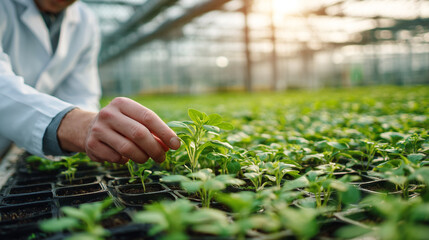 Horticulturist in Greenhouse Inspecting Seedlings for Growth and Health, Cultivating Future Plants with Care and Precision