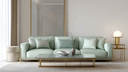 Fototapeta premium cinematic soft colorism living room full view, icy pistachio sofa, transparent glossy glass screen with brass frame, soft diffused lighting, smooth calm