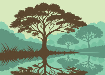 Tranquil Forest of Reflection with Still Waters and Symmetrical Trees