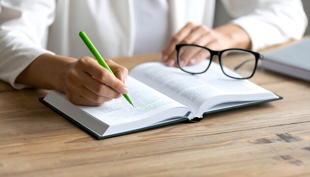 A person wearing a white shirt writes with a green pen in an open book on a wooden desk, with eyeglasses resting on the pages.