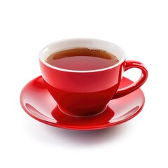Fototapeta premium Red ceramic teacup filled with brown tea, on a matching saucer, isolated on white