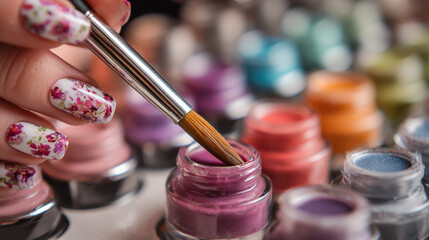 Elegant Nail Art Application with Detailed Brushes and Colorful Paints, Showcasing Floral Design and Tools of a Professional Nail Technician