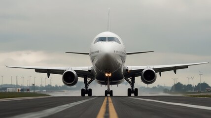 Fototapeta premium A large passenger jet prepares for takeoff on a runway, wind turbines visible in the background.