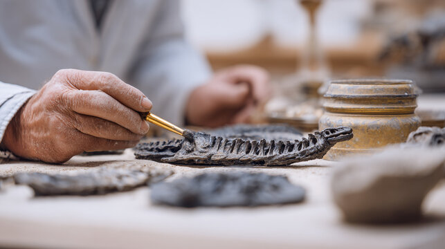 Paleontologist Carefully Brushing Fossils of Dinosaurs to Uncover Ancient History in a Scientific Lab Setting