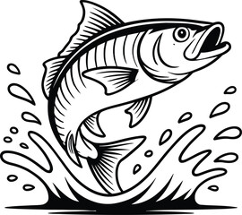 Dynamic leaping fish splashing water in a bold black and white silhouette style