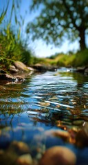 Crystal-clear stream flows over rocks, shallow focus on water's surface.  Green grass and trees in background. Sunny day