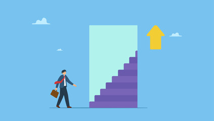 Businessman opens door with up arrow to walk up stair to success. Stairway to new opportunity, success path or open door to career chance, leadership improvement, progress or solving problem.