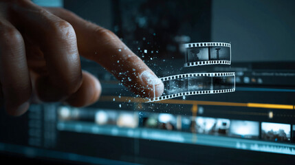 Creative video editing process shown with a hand touching a floating film strip and digital interface displaying spliced footage in a modern editing software