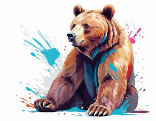 The bear is depicted sitting down, facing forward, with a gentle, friendly expression. Its fur is a mix of brown and tan colors, rendered with a textured