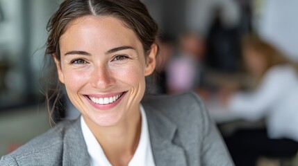 Portrait of a smiling woman in a gray suit, standing against the backdrop of a blurred modern office, exudes confidence and professionalism in a corporate setting.