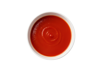 transparent ceramic bowl with vibrant red tomato soup, smooth and velvety, on a seamless transparent background, bright studio lighting, commercial food advertisement concept