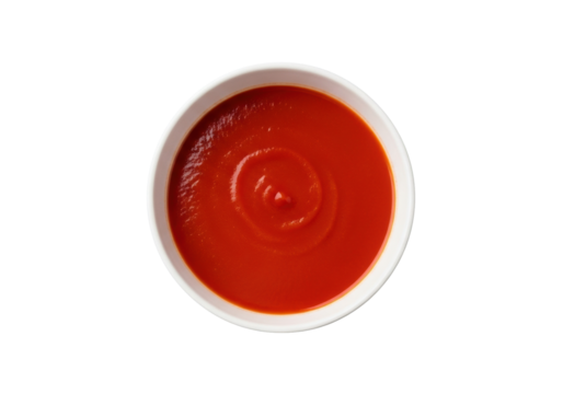 transparent ceramic bowl with vibrant red tomato soup, smooth and velvety, on a seamless transparent background, bright studio lighting, commercial food advertisement concept
