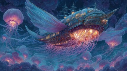 Whimsical airship floats through a dreamy cloudscape with bioluminescent jellyfish surrounding it